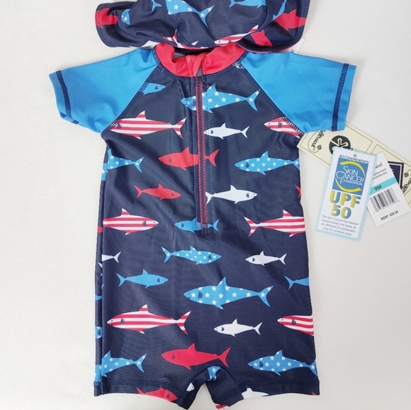 Beetle And Thread 9M Baby Bathing Suit Hat Swim One Piece UPF Shark Americana - Picture 1 of 5